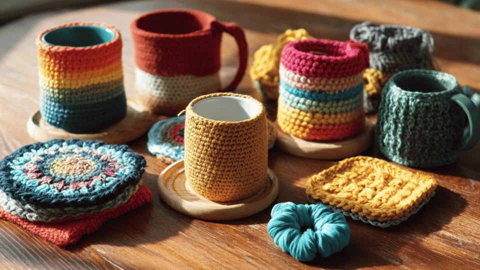 Collection of finished crochet gifts including coasters, scrunchies, bags, and scarves on a wooden table