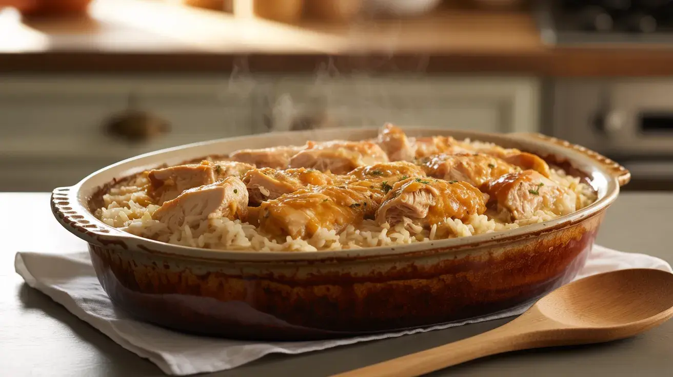 A baked chicken and rice casserole in a dish, fresh from the oven with steam rising