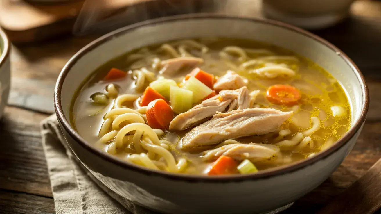 A bowl of chicken noodle soup with tender chicken, noodles, carrots, and celery in a warm broth