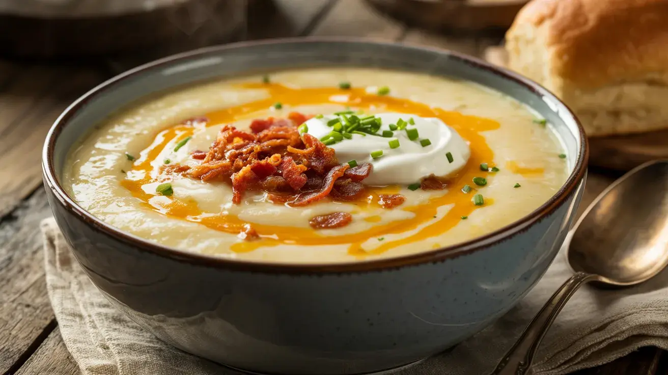 A bowl of creamy baked potato soup topped with cheese, crispy bacon, sour cream, and chives