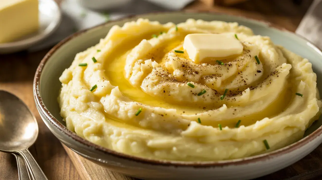 A bowl of creamy mashed potatoes topped with melted butter, black pepper, and fresh chives