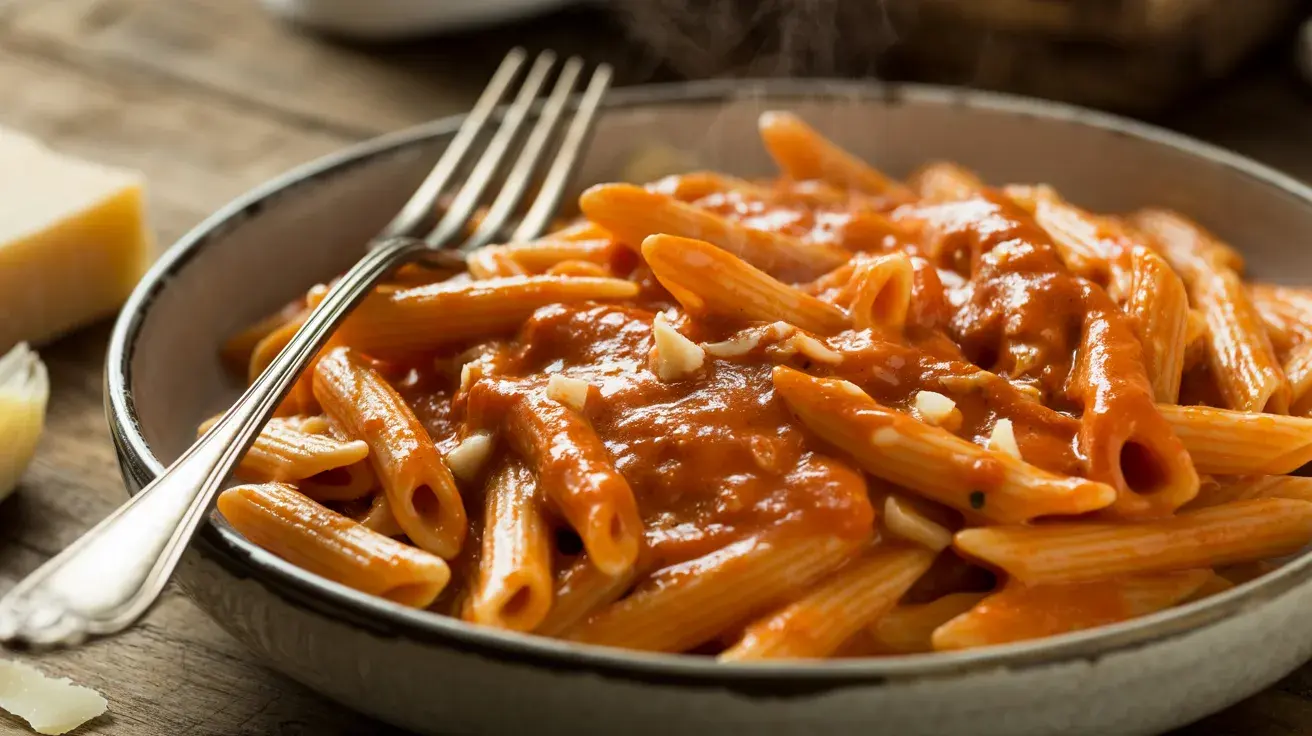 A bowl of penne pasta coated in rich tomato sauce with a sprinkle of cheese and steam rising