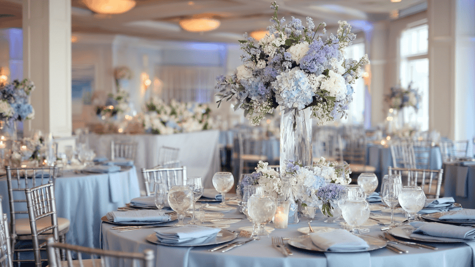 A calming lavender and dusty blue wedding with floral centerpieces, soft linens, and silver accents.