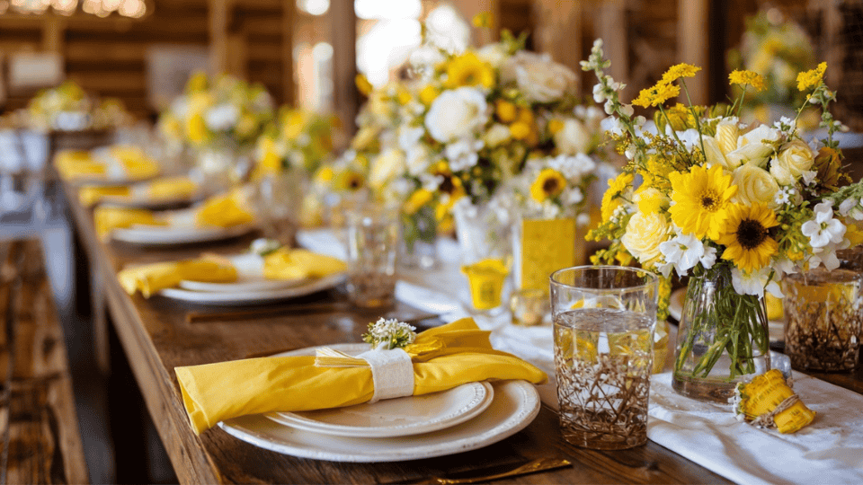 A cheerful yellow and white wedding with bright sunflowers, white table settings, and subtle yellow accents.