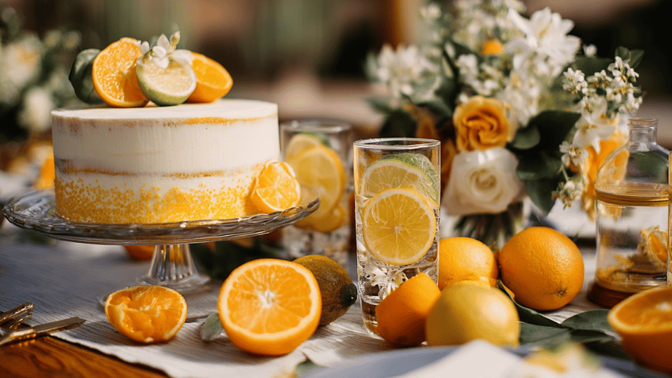 A citrus-themed wedding with fresh oranges and lemons as centerpieces, lemon slices in drinks, and a minimalist wedding cake