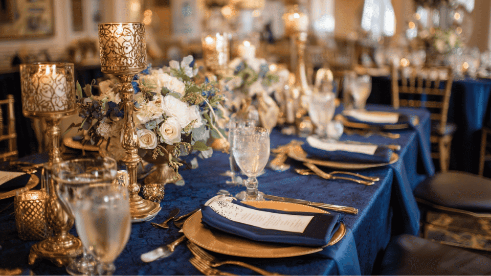A classic navy and gold wedding with elegant table settings, gold accents, and navy suits