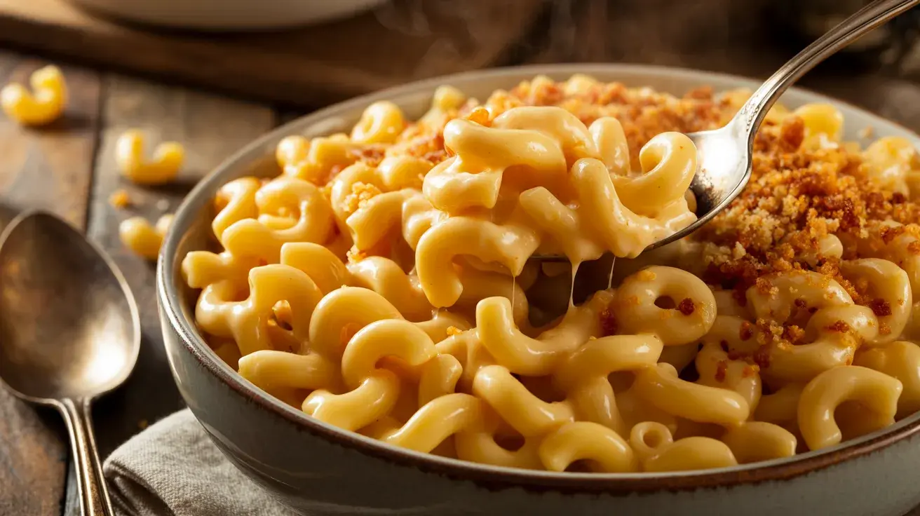 A close-up of creamy baked mac and cheese with a golden crumb topping being lifted on a spoon