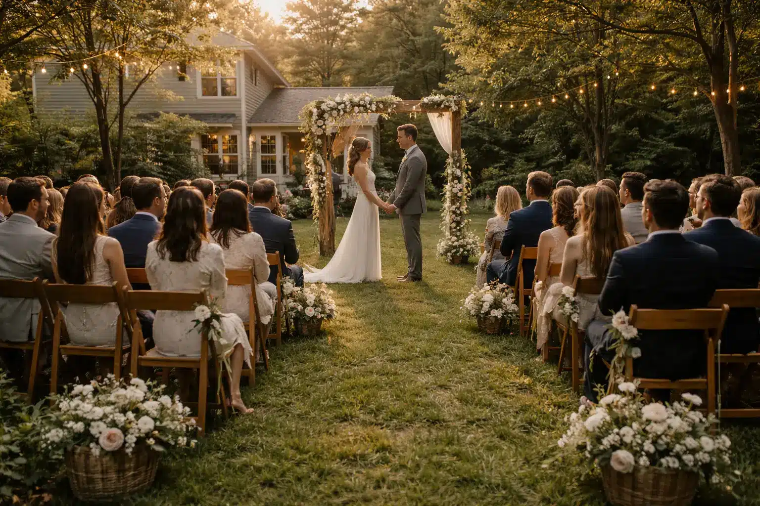 A couple exchanges vows at a warm backyard wedding ceremony