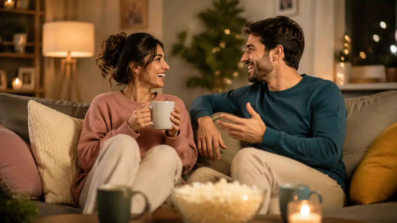 A couple laughing and chatting together on a cozy living room couch with warm lighting and a relaxed atmosphere