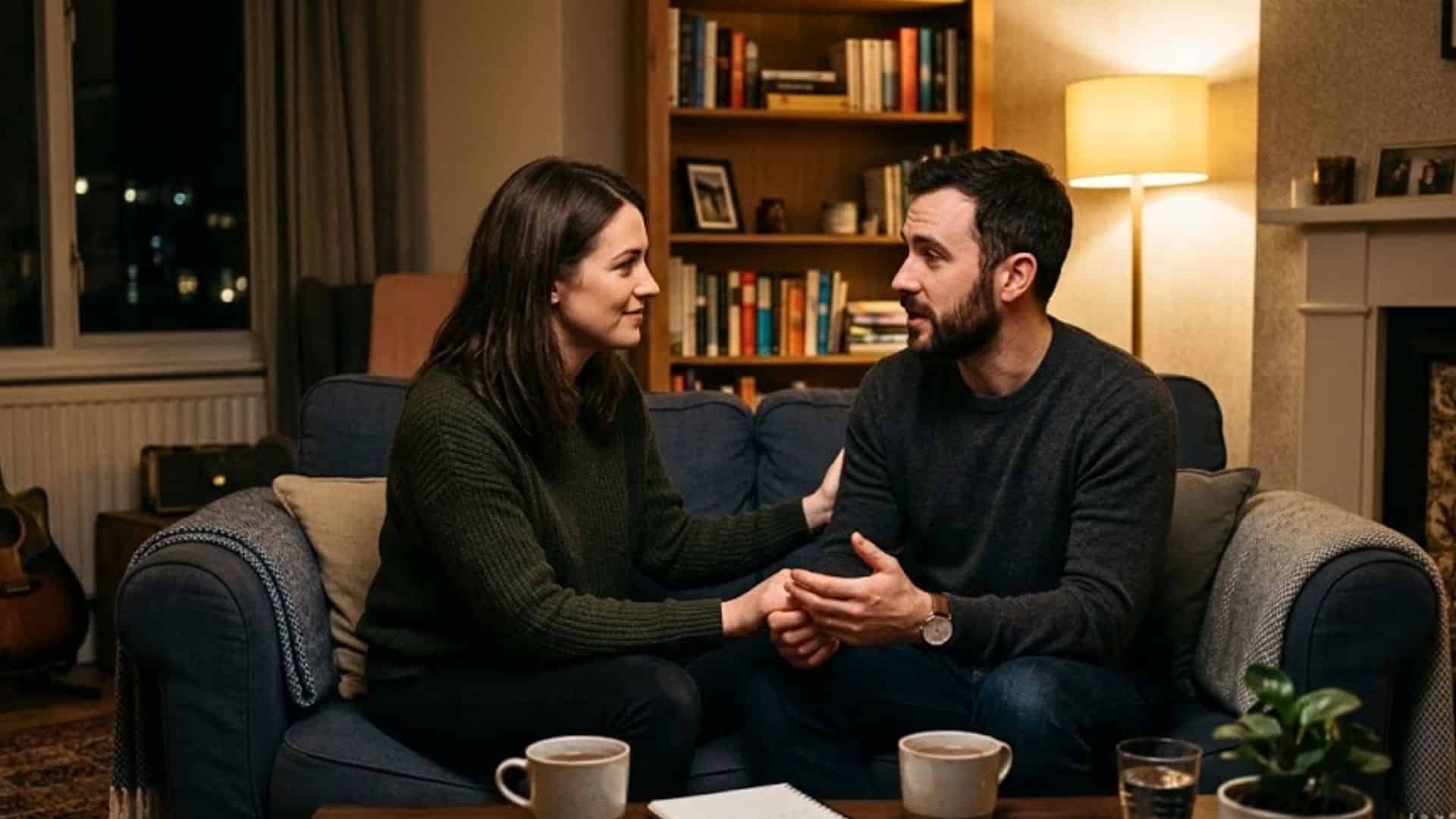A couple sits closely on a living room sofa, sharing an intimate and earnest conversation