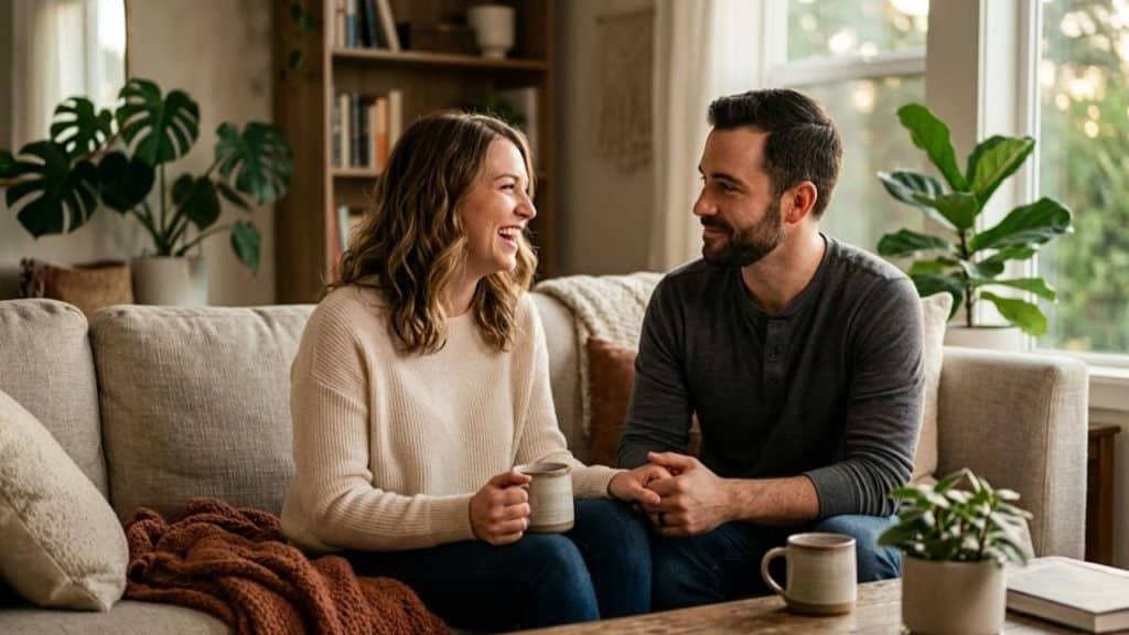 A couple sitting on a couch in a cozy living room, holding mugs and smiling at each other