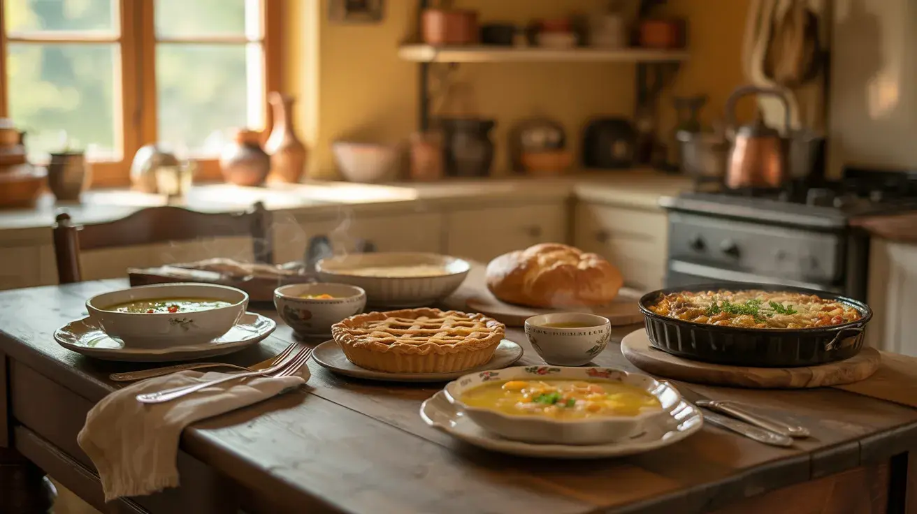 A cozy kitchen table filled with homemade comfort foods like soup, pie, fresh bread, and casserole in warm afternoon light