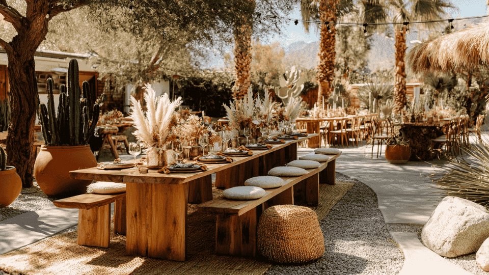 A desert-inspired wedding with terracotta decor, succulents, pampas grass, and warm, golden lighting