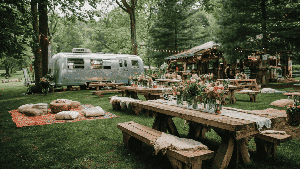 A festival-themed wedding with food trucks, lawn games, picnic areas, and string lights for a relaxed atmosphere.