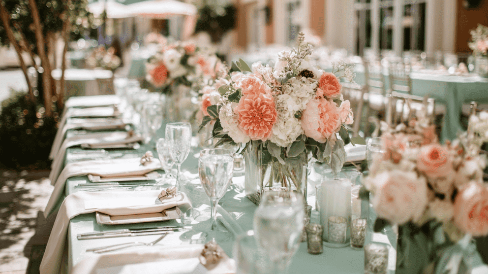 A fresh mint green and peach wedding with floral arrangements, mint tablecloths, and bridesmaids in soft colors
