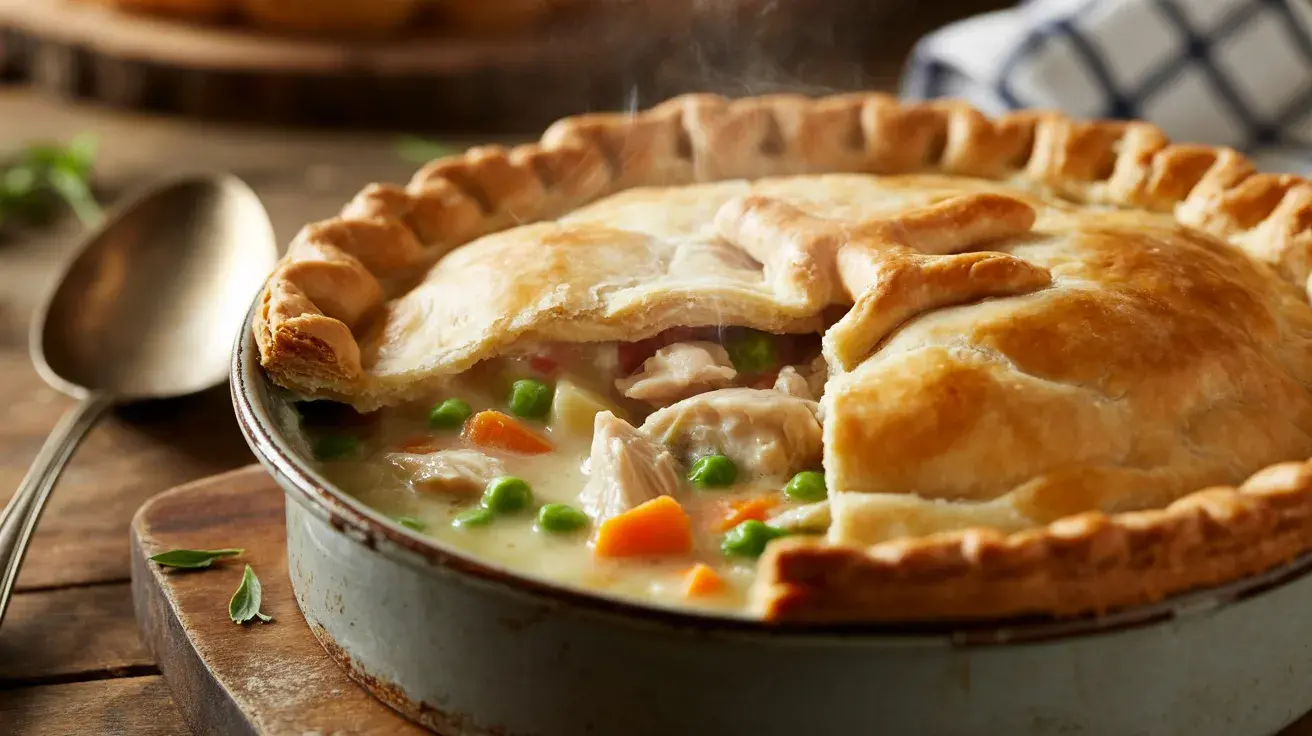 A freshly baked chicken pot pie with a flaky golden crust and creamy filling of vegetables and tender chicken