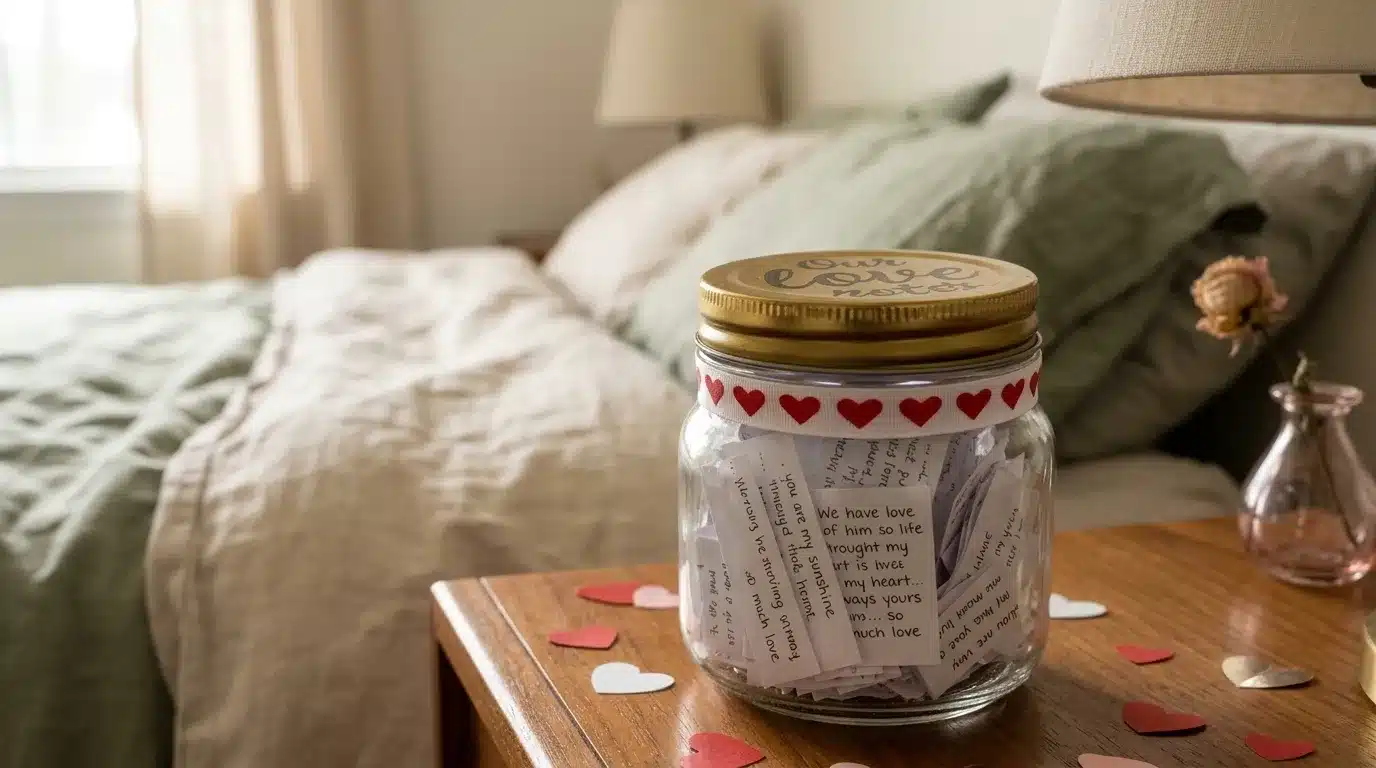 A glass jar labeled Our Love Notes filled with paper slips on a wooden nightstand next to a bed.