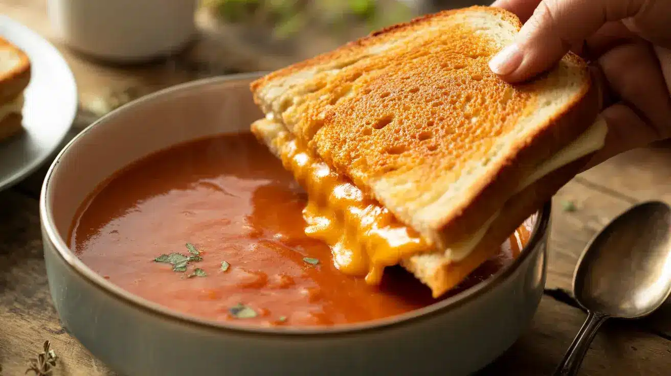 A grilled cheese sandwich being dipped into a bowl of warm tomato soup
