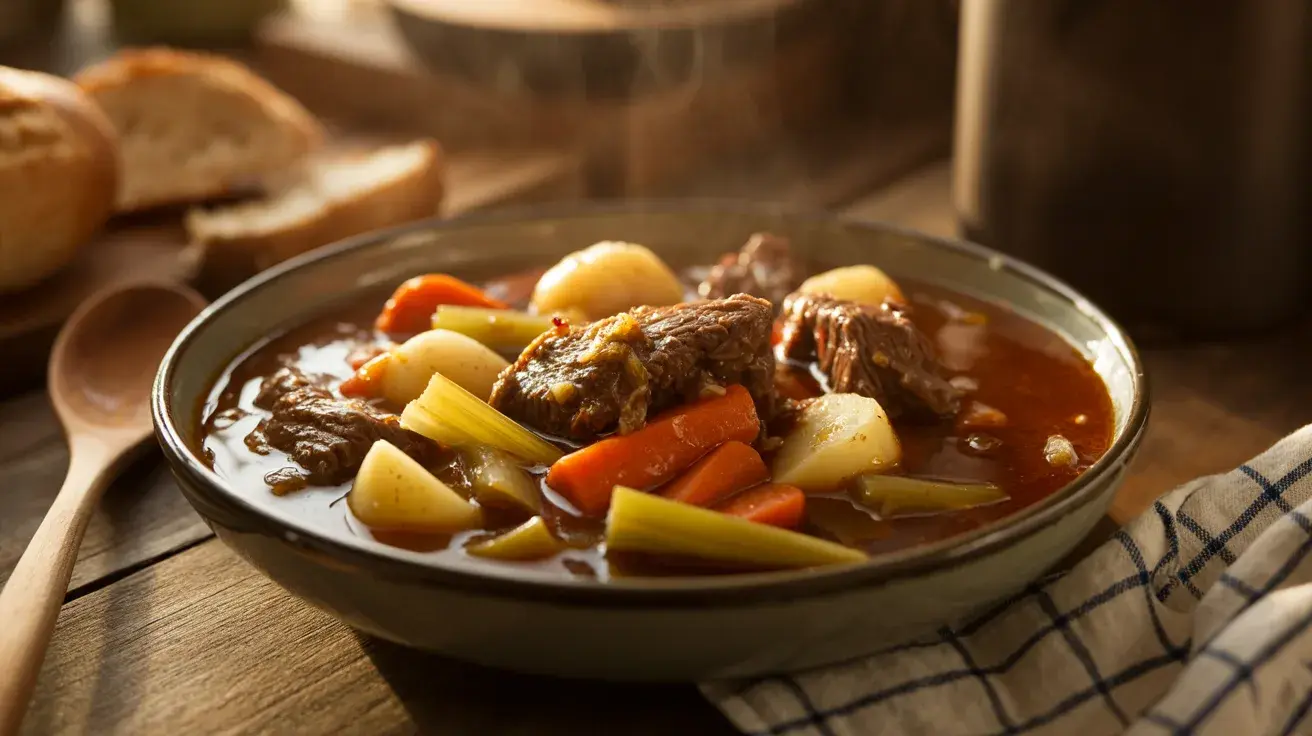 A hearty bowl of beef stew with tender meat, potatoes, carrots, and celery in a rich broth