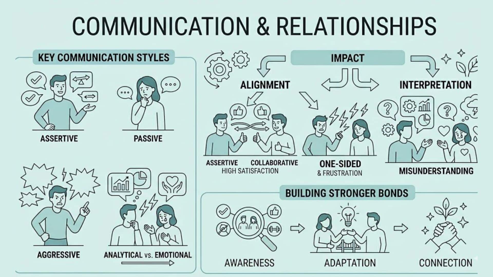 A line-art infographic showing how communication styles impact relationships through short labels