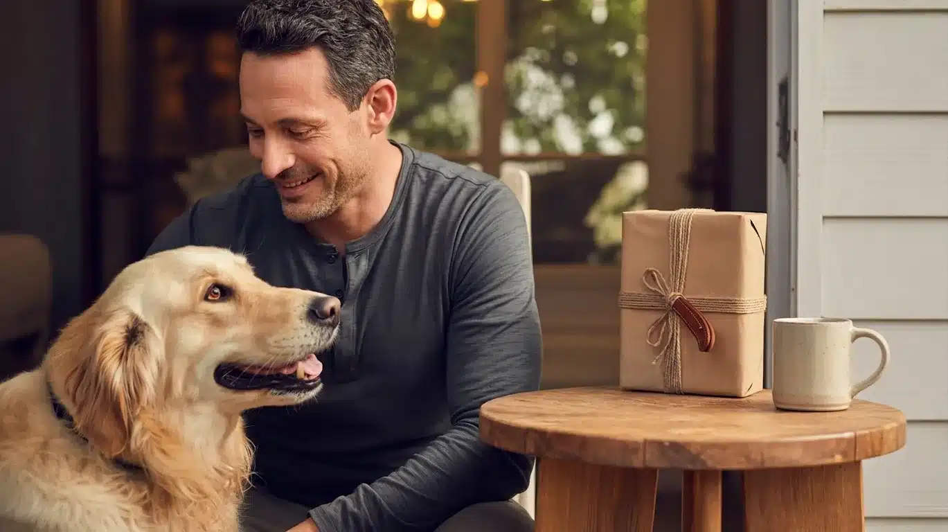 A man smiling at a golden retriever sitting next to him on a porch, with a wrapped gift and a mug on a small wooden table nearby, warm natural lighting.