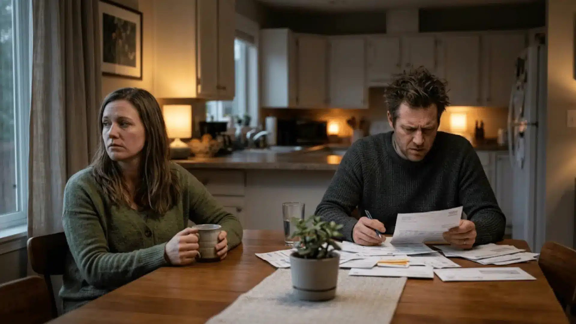 A married couple sitting apart at a dining table with emotional distance and stress in their relationship.