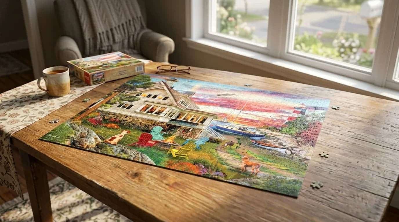 A partially completed jigsaw puzzle of a coastal house at sunset on a wooden table.