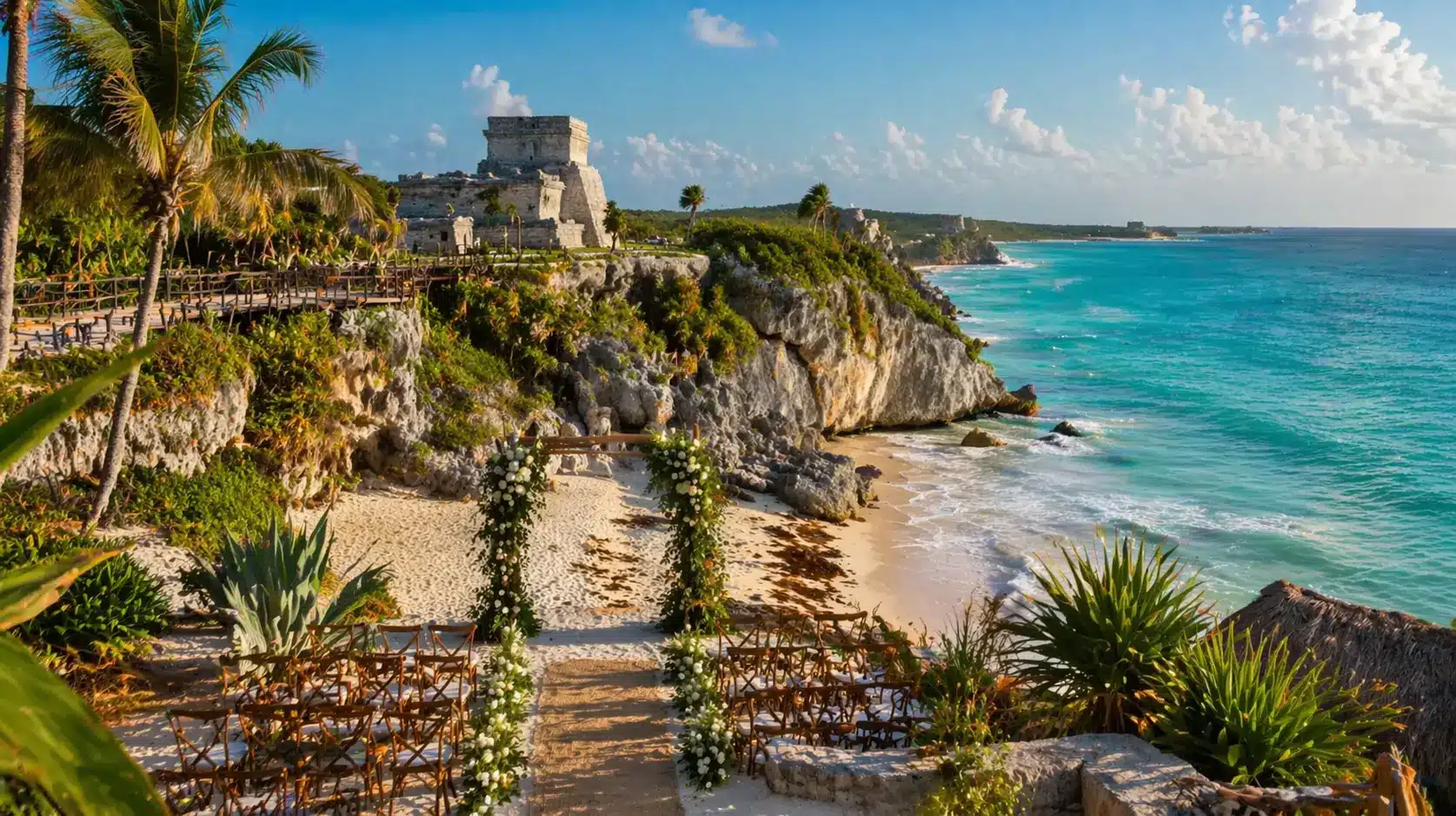 A picturesque beach wedding in Tulum, Mexico, with Mayan ruins in the background, a floral arch, and wooden chairs overlooking