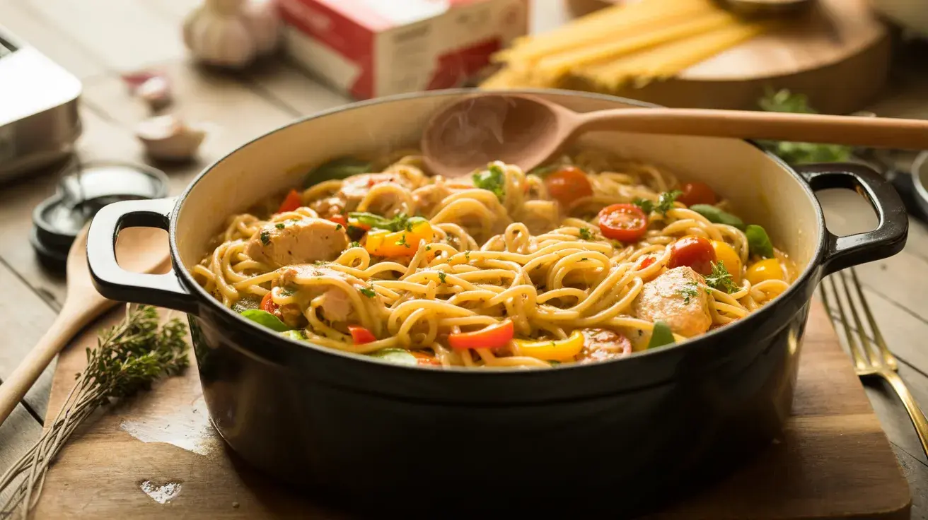 A pot of creamy chicken pasta with vegetables simmering on the stove in a cozy kitchen