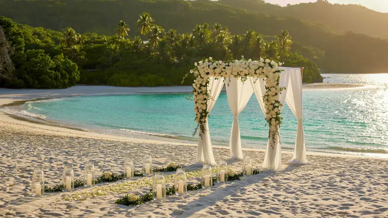 A romantic beach wedding setup with a floral arch, candlelit path, and serene turquoise waters in the background.