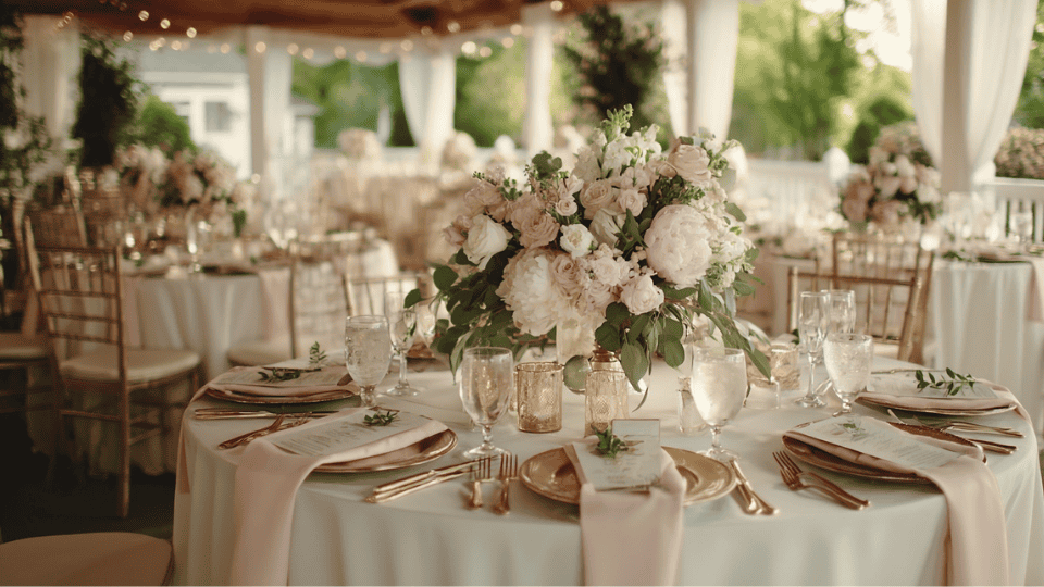 A romantic blush pink and sage green wedding with soft floral arrangements, greenery, and gold accents.