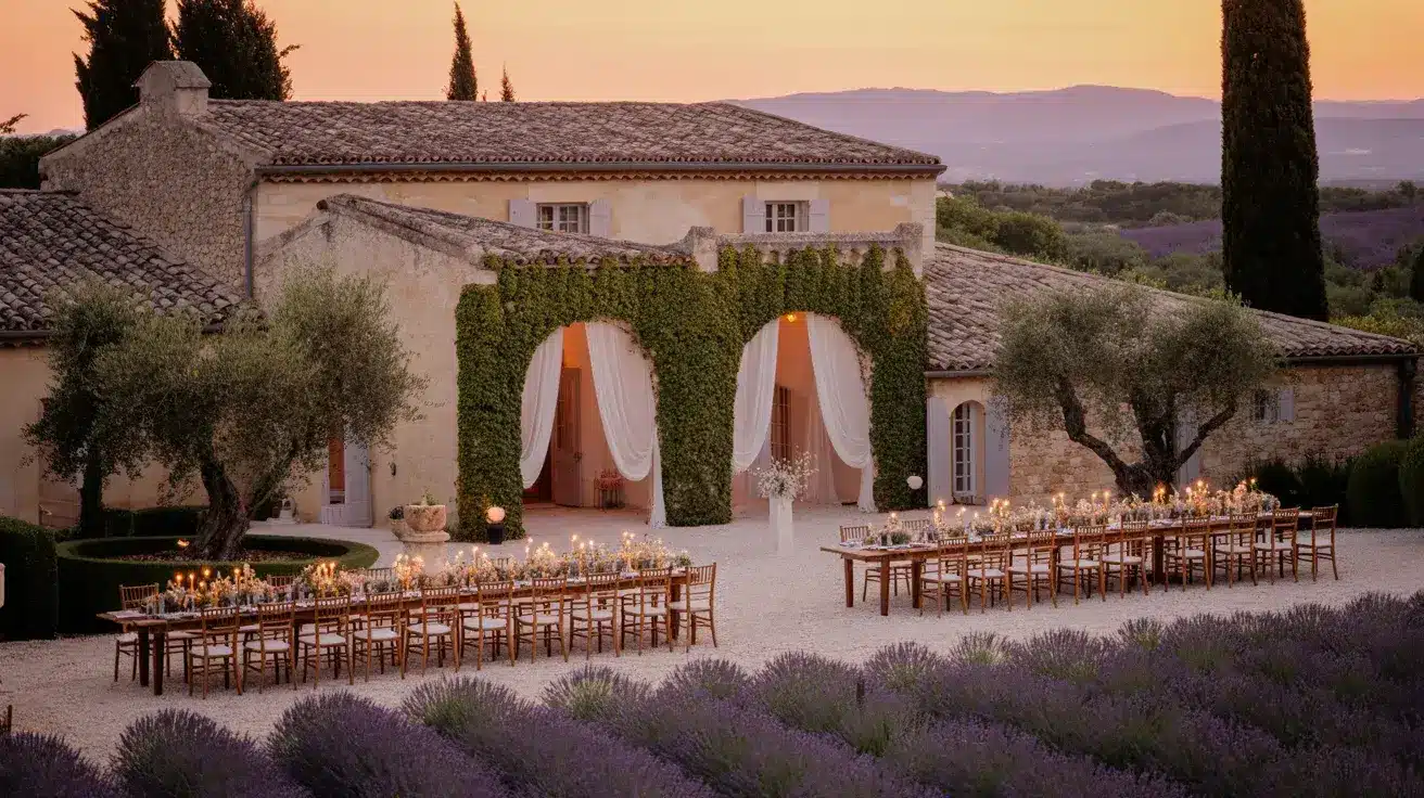 A romantic outdoor wedding setup with long tables, candles, and lavender fields, set against a rustic stone villa.
