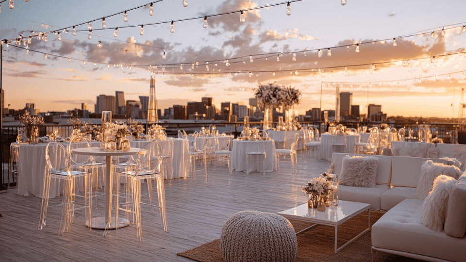 A rooftop wedding with city skyline views, string lights, modern furniture, and a minimalist setup.