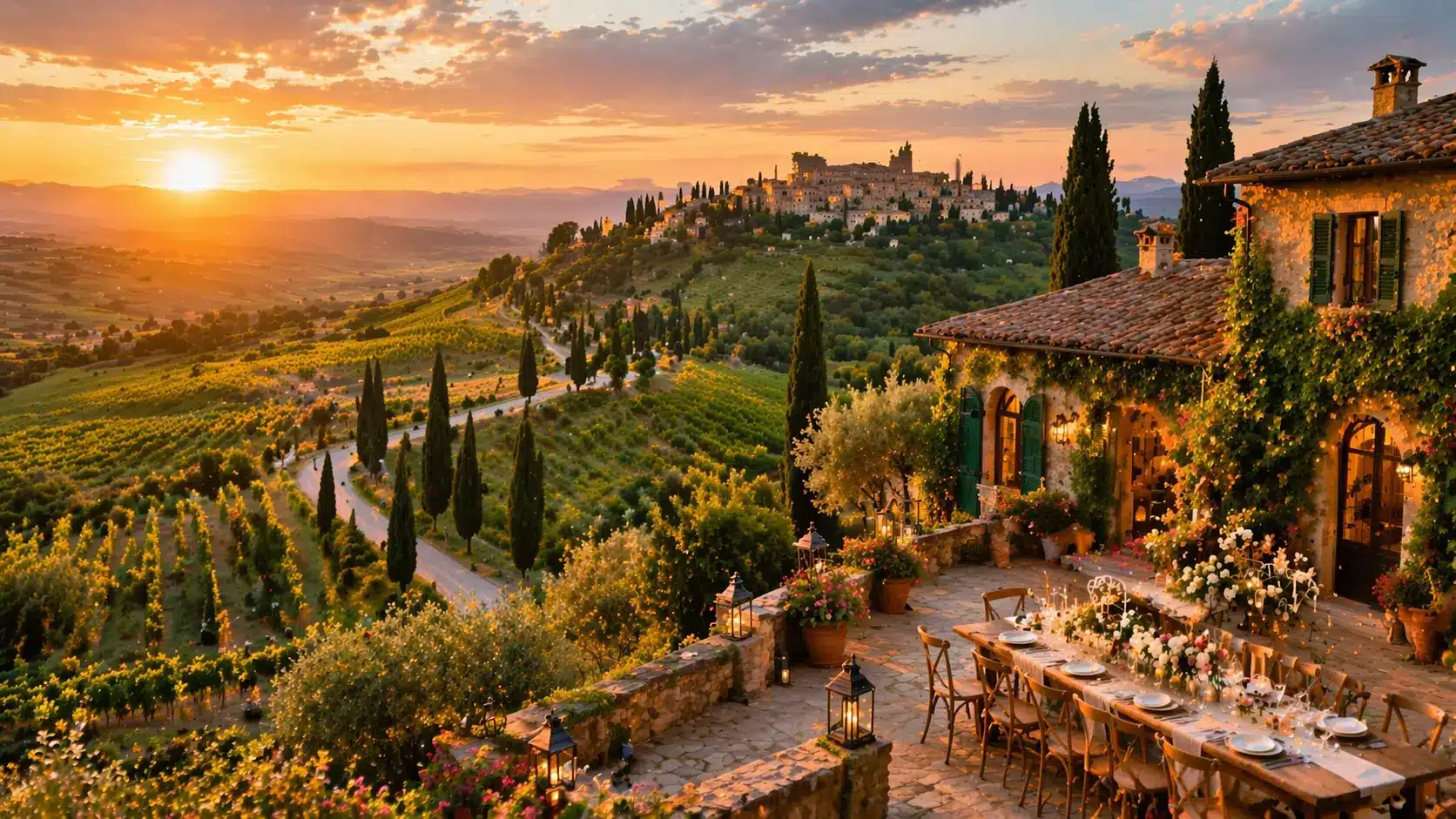 A scenic Tuscan villa with a long dining table on a stone terrace, overlooking rolling vineyards, cypress-lined roads
