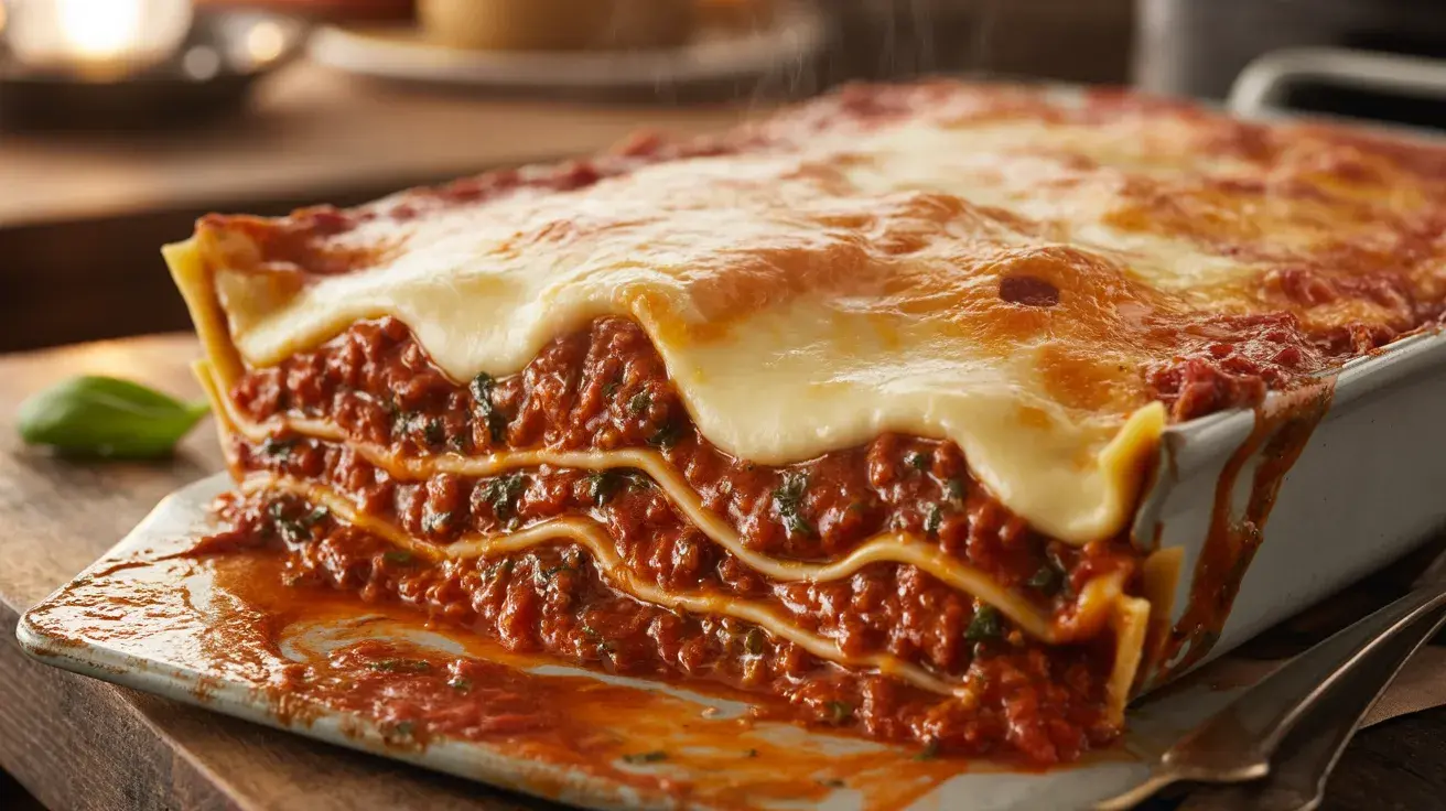 A slice of cheesy layered lasagna with rich meat sauce served fresh from a baking dish