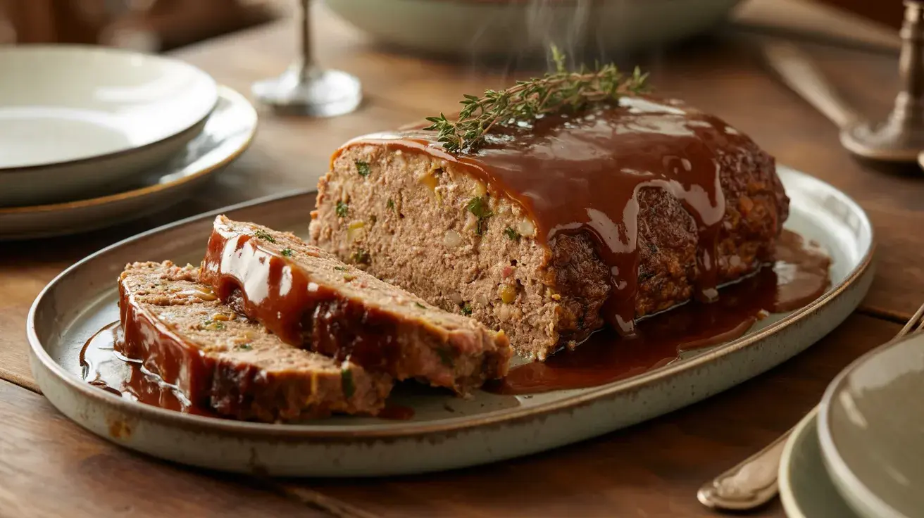 A sliced meatloaf topped with rich brown gravy served on a plate in a cozy kitchen setting