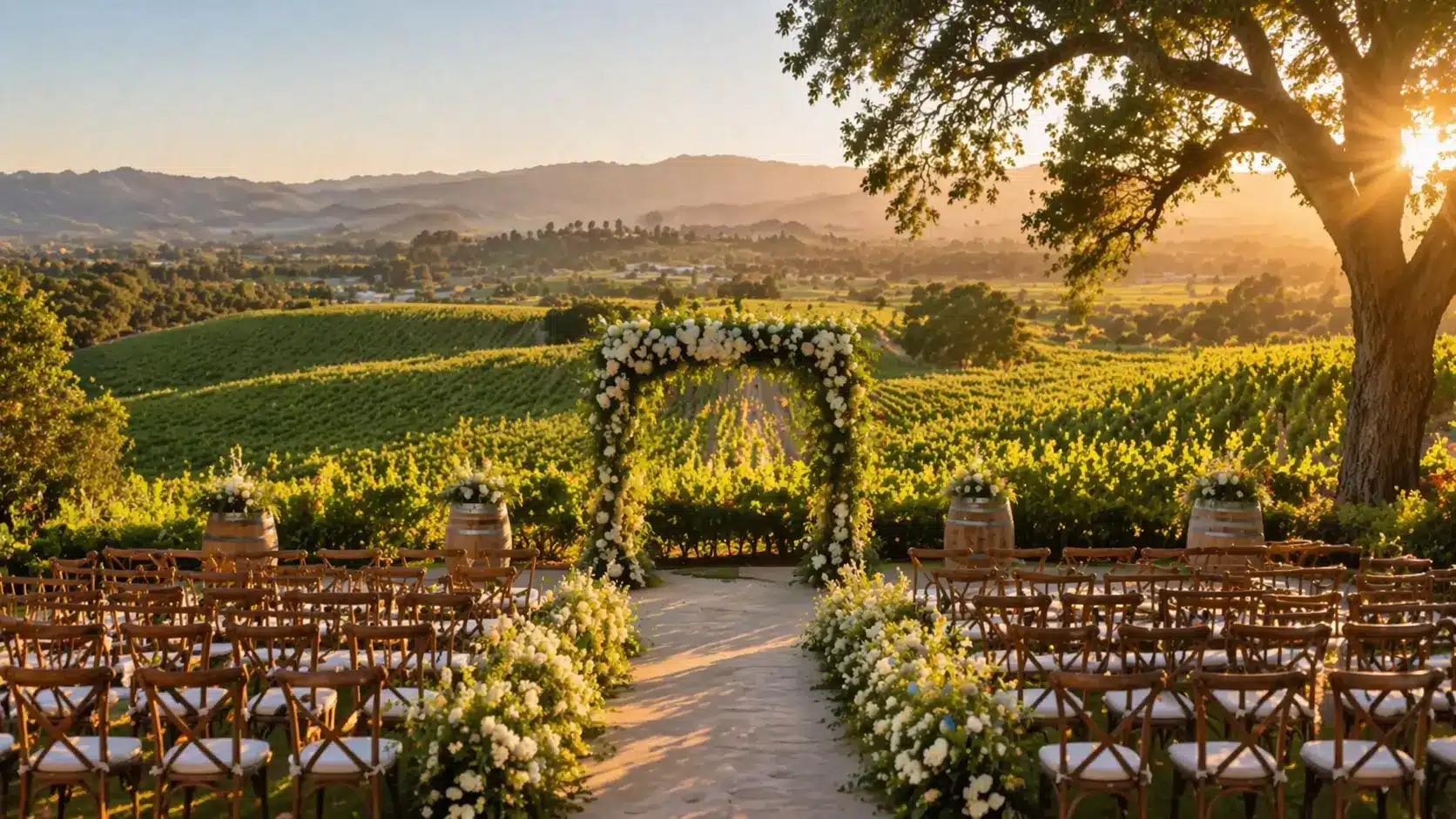 A sunlit vineyard wedding setup with a floral arch, wooden chairs, and wine barrels, overlooking rolling hills and vineyards in Napa Valley.