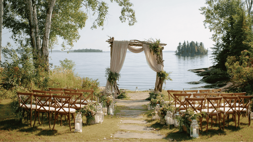 A tranquil lakeside wedding with driftwood arch, floral aisle decor, and chairs facing the water.