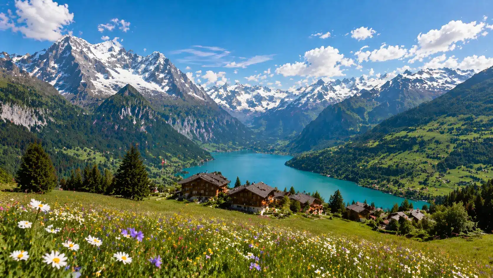 A vibrant Swiss Alpine scene featuring a wildflower meadow, rustic chalets, a turquoise lake, and snow-capped mountains under a clear blue sky.