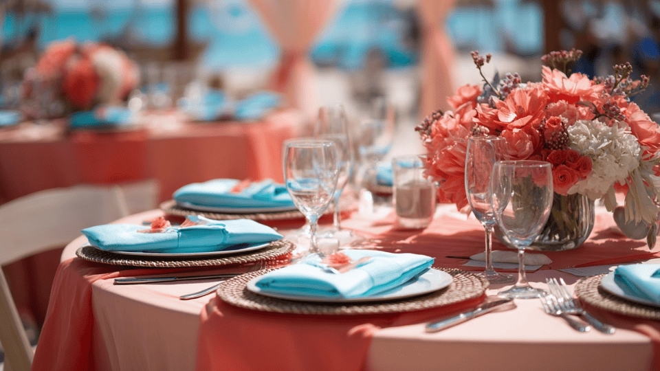 A vibrant coral and turquoise wedding with tropical flowers, coral bridesmaid dresses, and turquoise accents