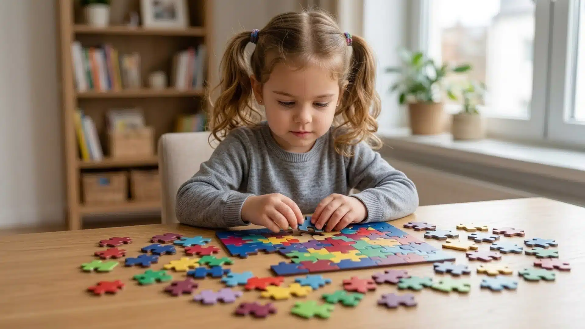 A young girl in pigtails smiling while fitting a blue piece into a colorful puzzle on a wooden table.