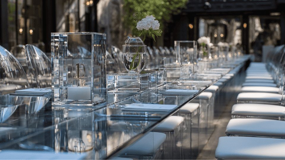 Acrylic and glass decor with transparent chairs, table numbers, and vases, creating a modern, minimalist look