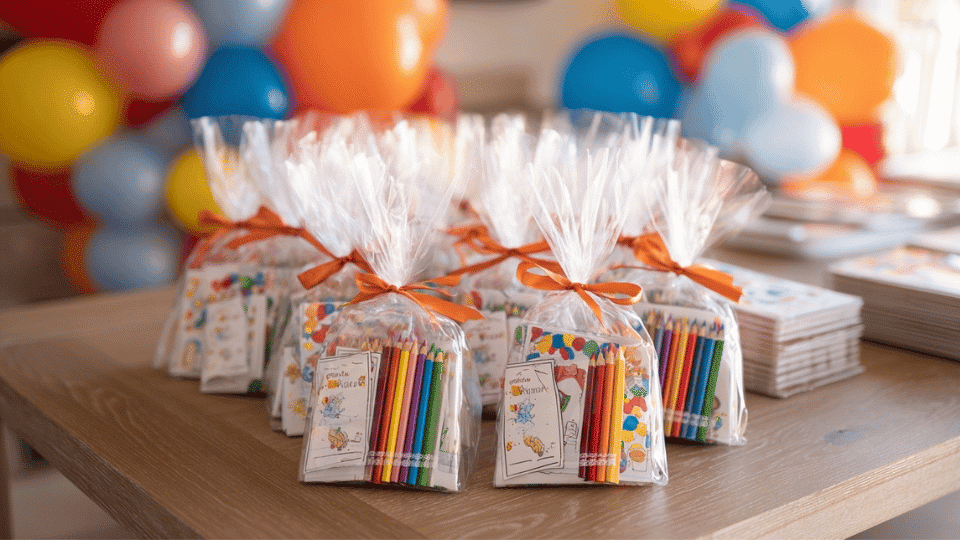Activity sheets and pencils packed in clear bags as birthday party favor gifts