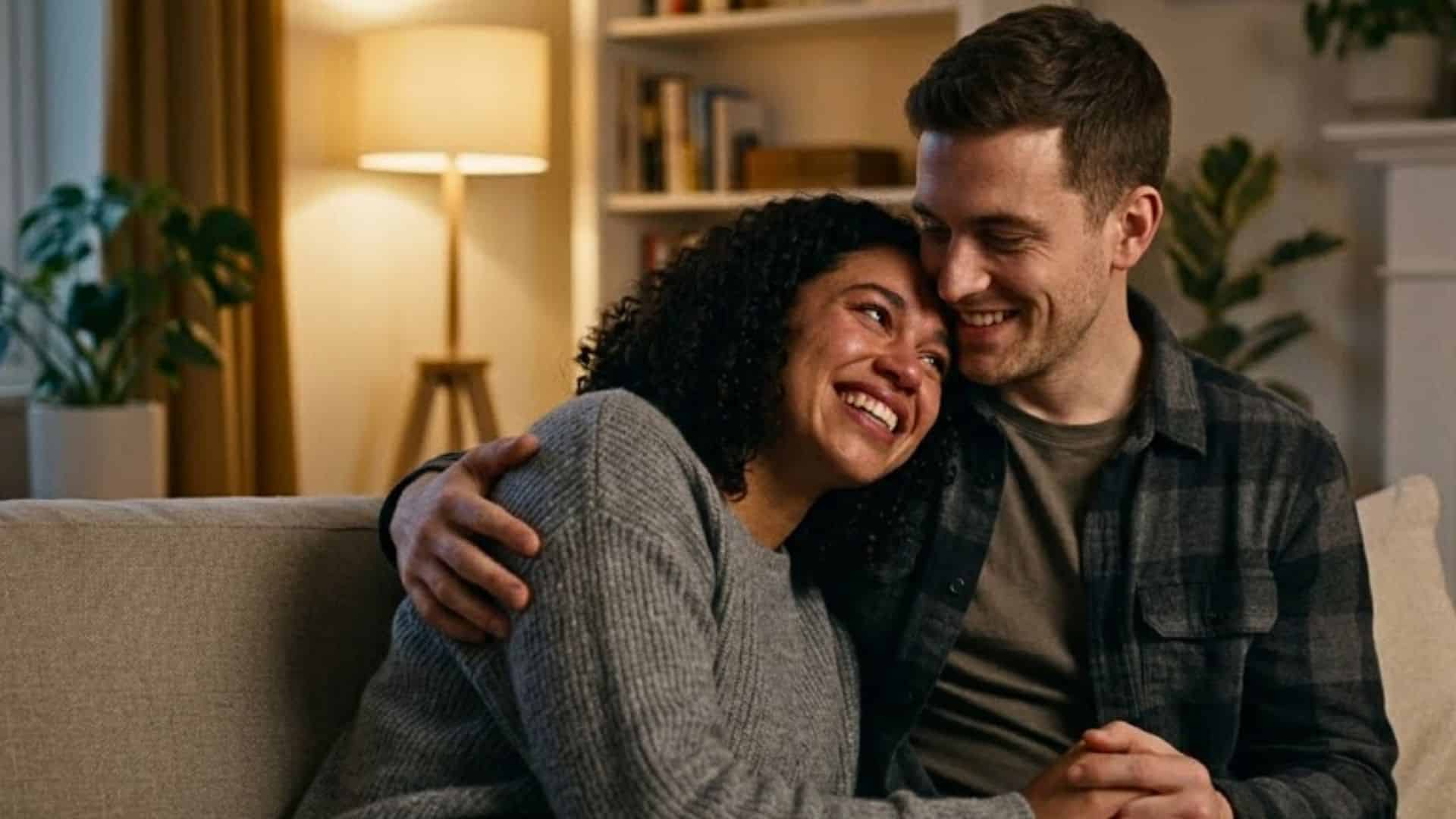 Affectionate couple smiling and holding hands while sitting together on a living room couch near a fireplace