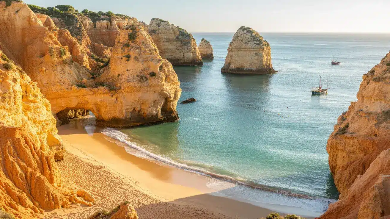 Algarve coastline in Portugal, featuring golden cliffs, a sandy beach, and clear blue waters