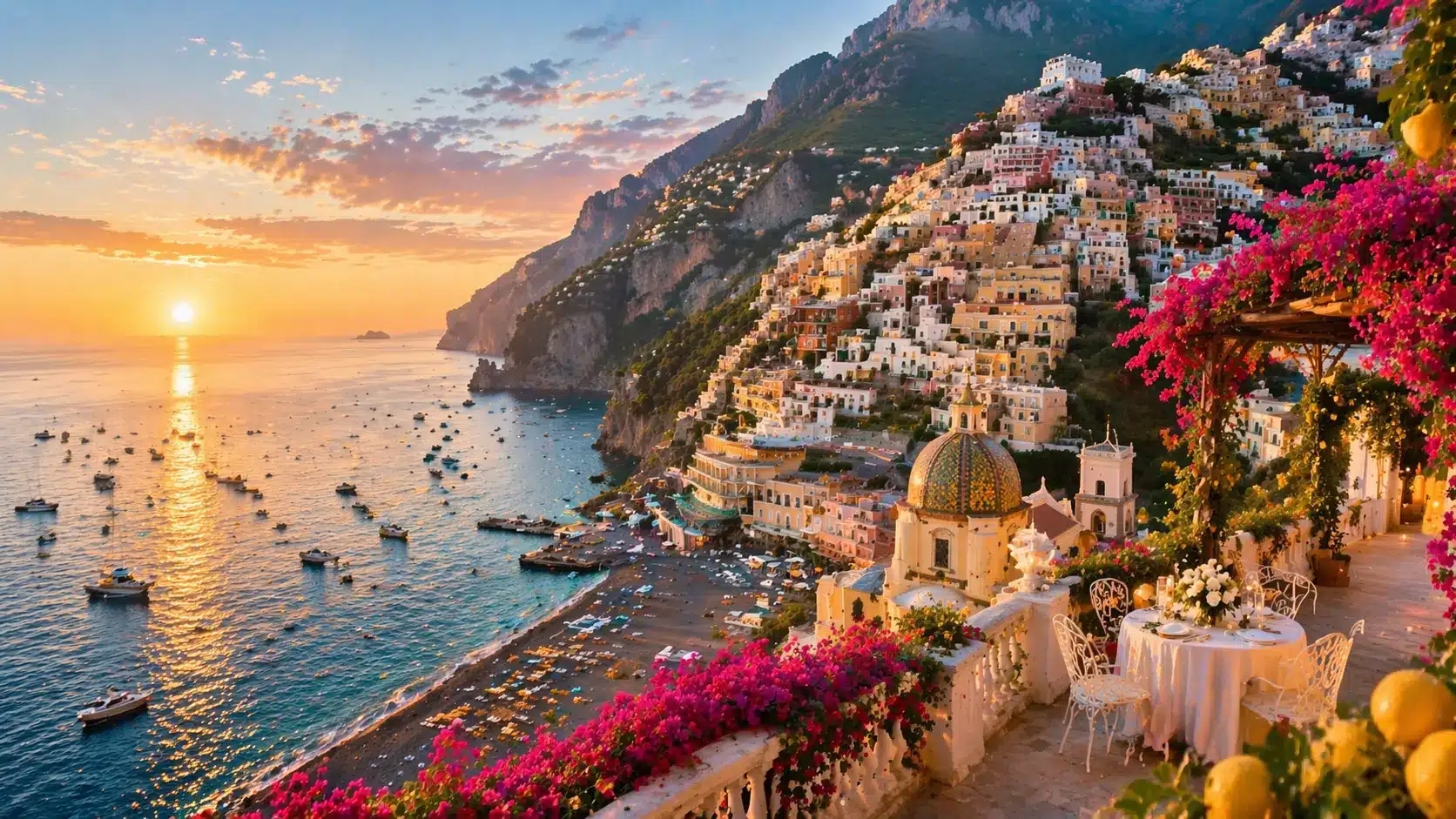 Amalfi Coast with colorful cliffside villages, a golden-hued sky, and boats gently floating on the shimmering blue sea.