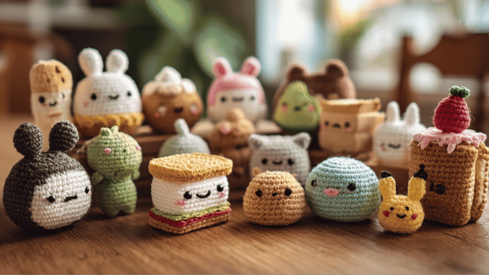 Set of small crochet amigurumi figurines including animals and food shapes
