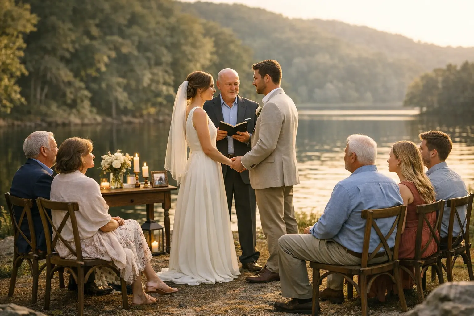 An intimate lakeside wedding ceremony with a couple exchanging vows surrounded by close family