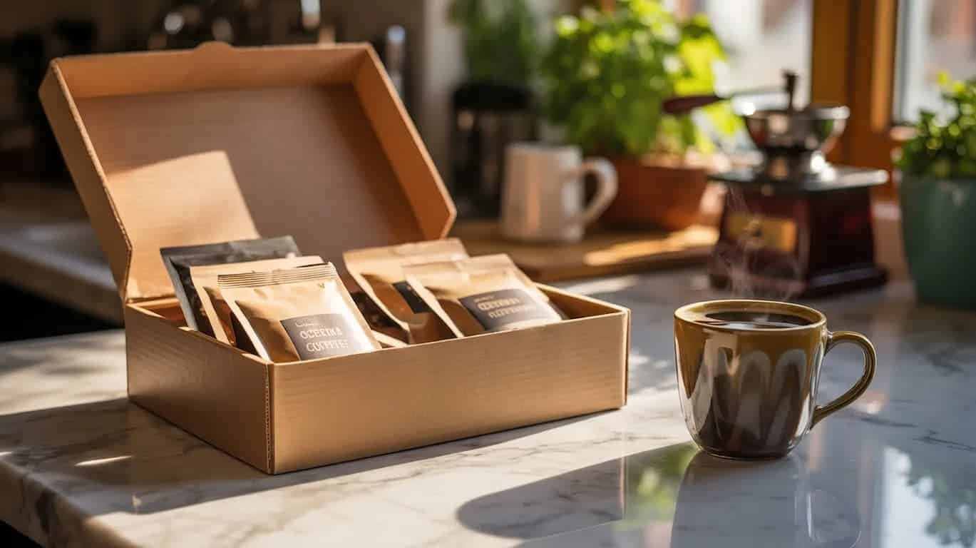 An open cardboard gift box filled with coffee packets next to a steaming mug on a marble countertop.