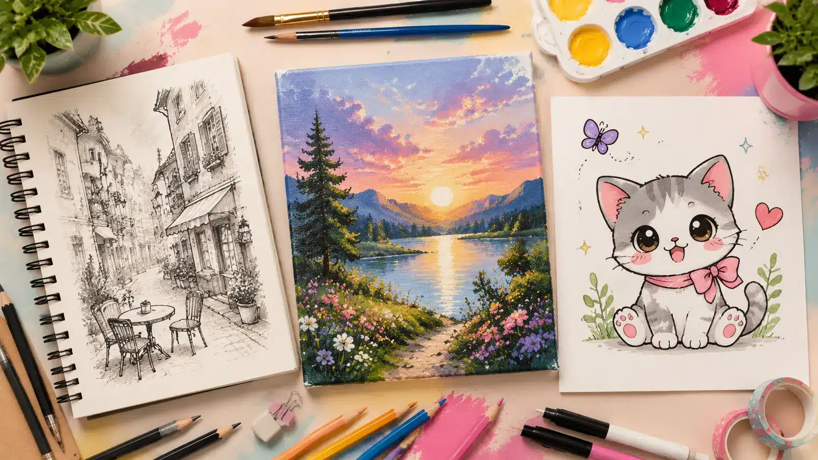 An overhead view of an artist’s workspace featuring a pencil sketch of a street, a colorful landscape canvas, and a cute cartoon drawing